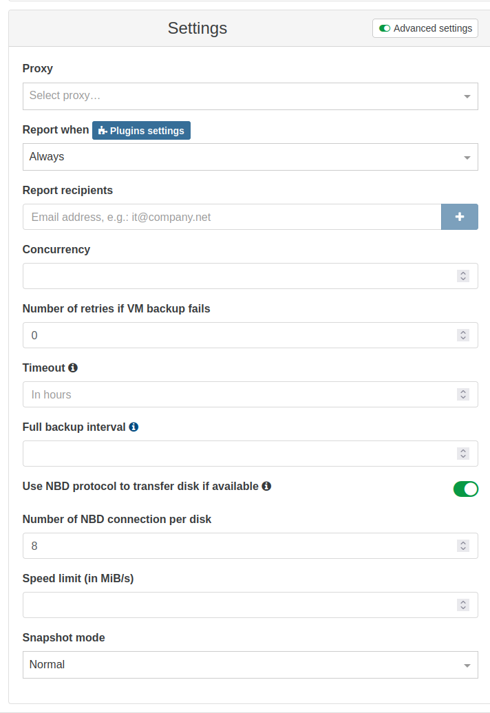 The job's Advanced settings: enable NBD and set the number of connections per disk