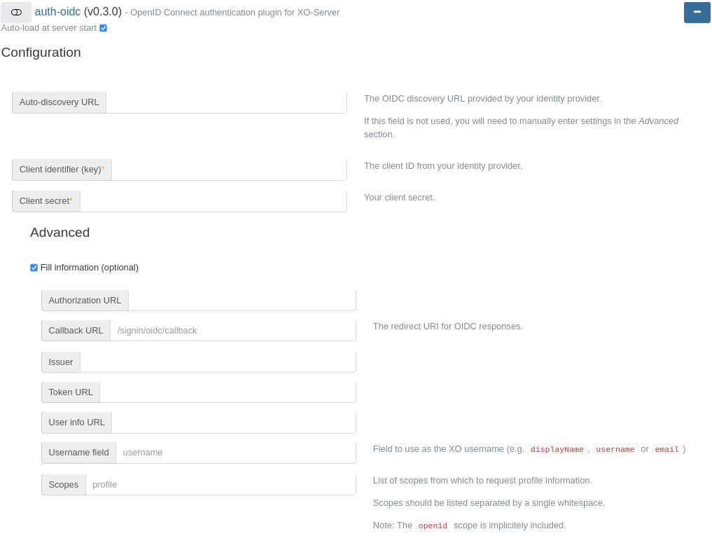 The auth-oidc plugin configuration: auto-discovery URL, client identifier and client secret