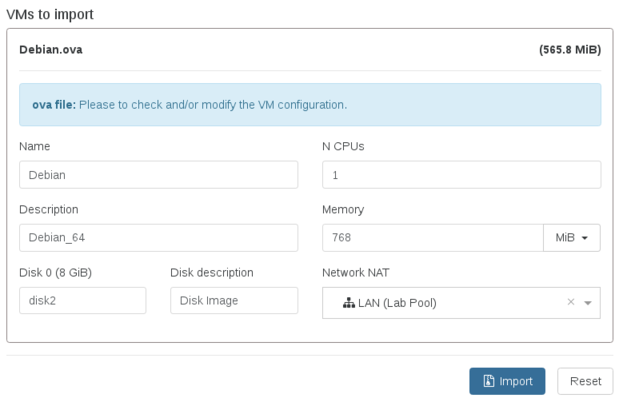 OVA import: review the VM parameters before importing