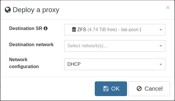 The Deploy a proxy modal asking for a destination SR, a destination network and the network configuration