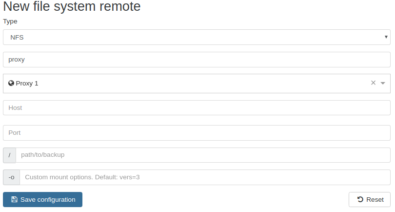 The New file system remote form with an NFS type and Proxy 1 selected in the proxy field