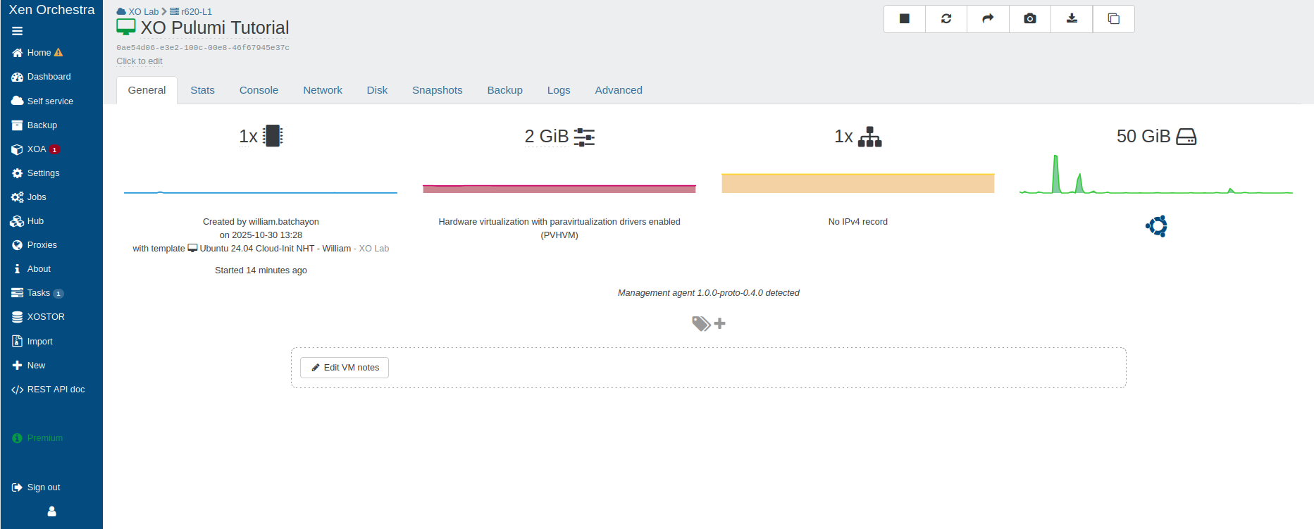 The freshly deployed VM, seen from its General tab in Xen Orchestra