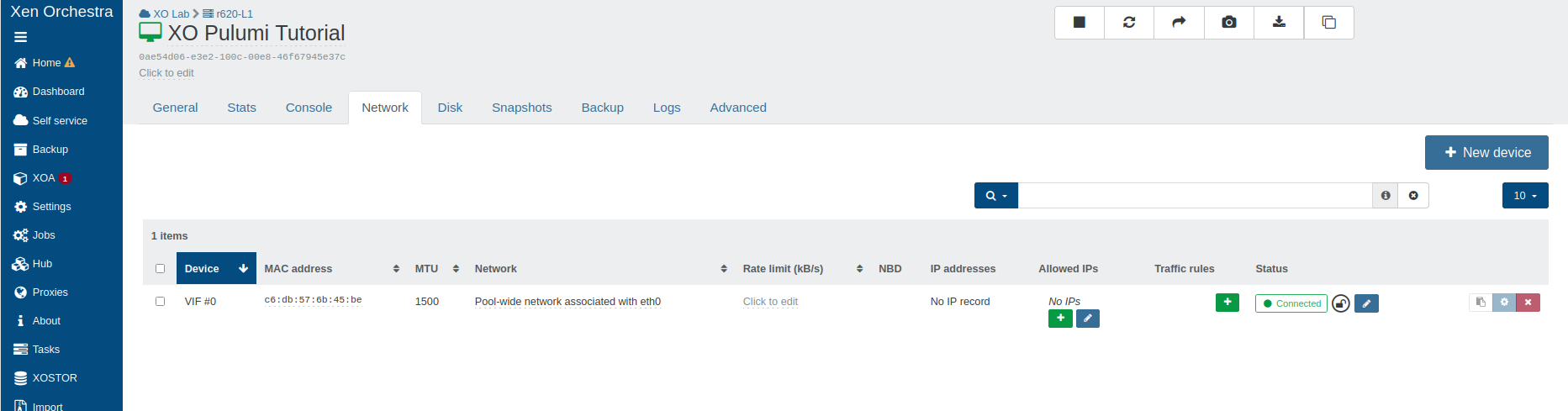 Before the change: the VM's Network tab shows a single interface