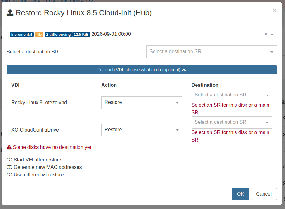 A live mounted disk without a host: the row says Select a host to live mount this disk on, and Some disks have no destination yet is shown under the panel