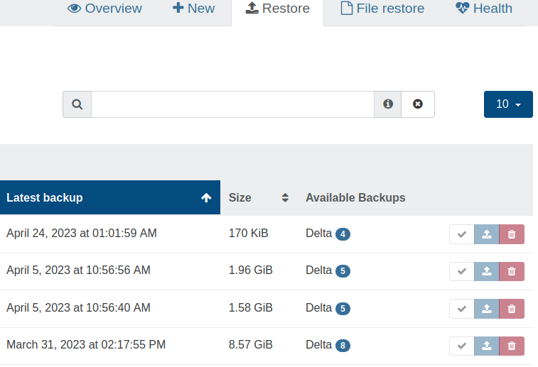 The Restore tab: each backup row ends with the health check (tick), restore and delete buttons