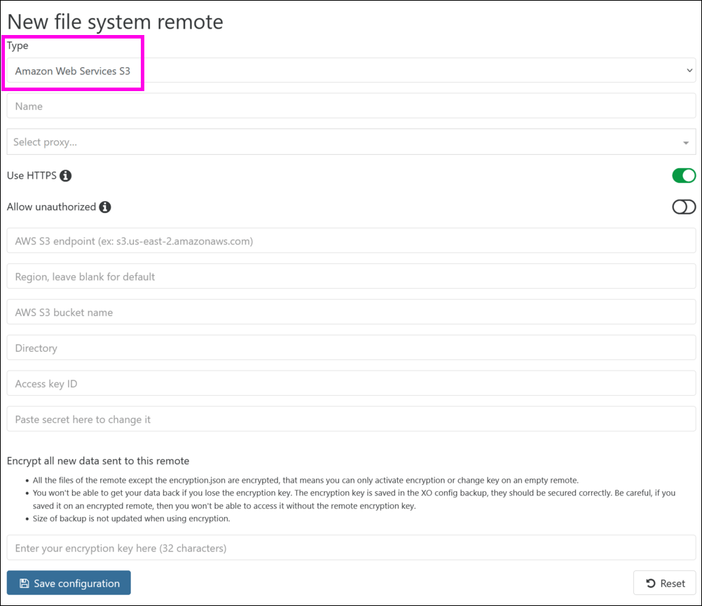 New file system remote form with the Amazon Web Services S3 type selected: endpoint, region, bucket, directory, credentials and the optional encryption key