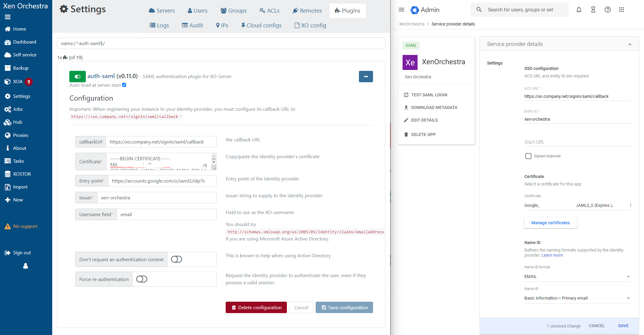 The Google Workspace custom SAML app details, side by side with the matching XO plugin fields