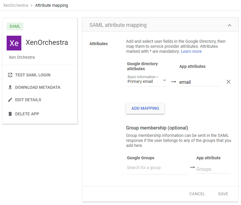 The Google Workspace SAML attribute mapping, with Primary email mapped to email
