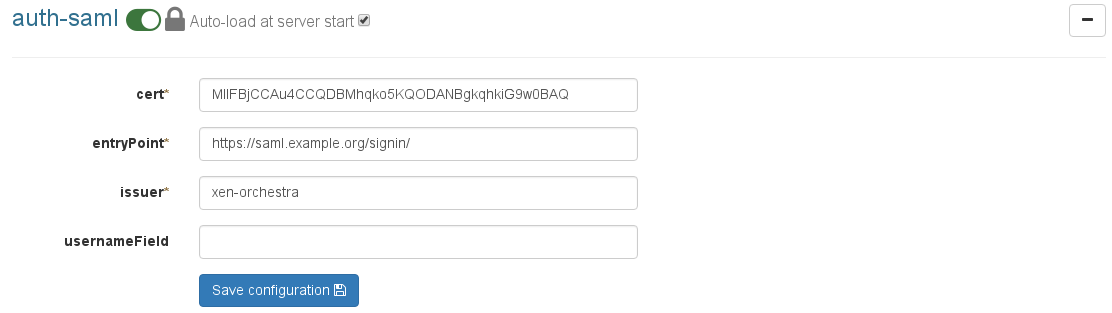 The auth-saml plugin configuration: certificate, entry point, issuer and username field