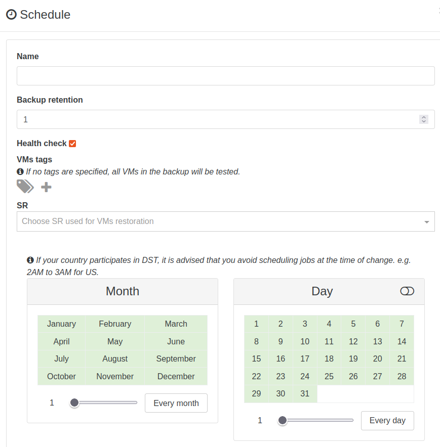 The Schedule form with Health check enabled: optional VM tags filter and the SR used for the test restore