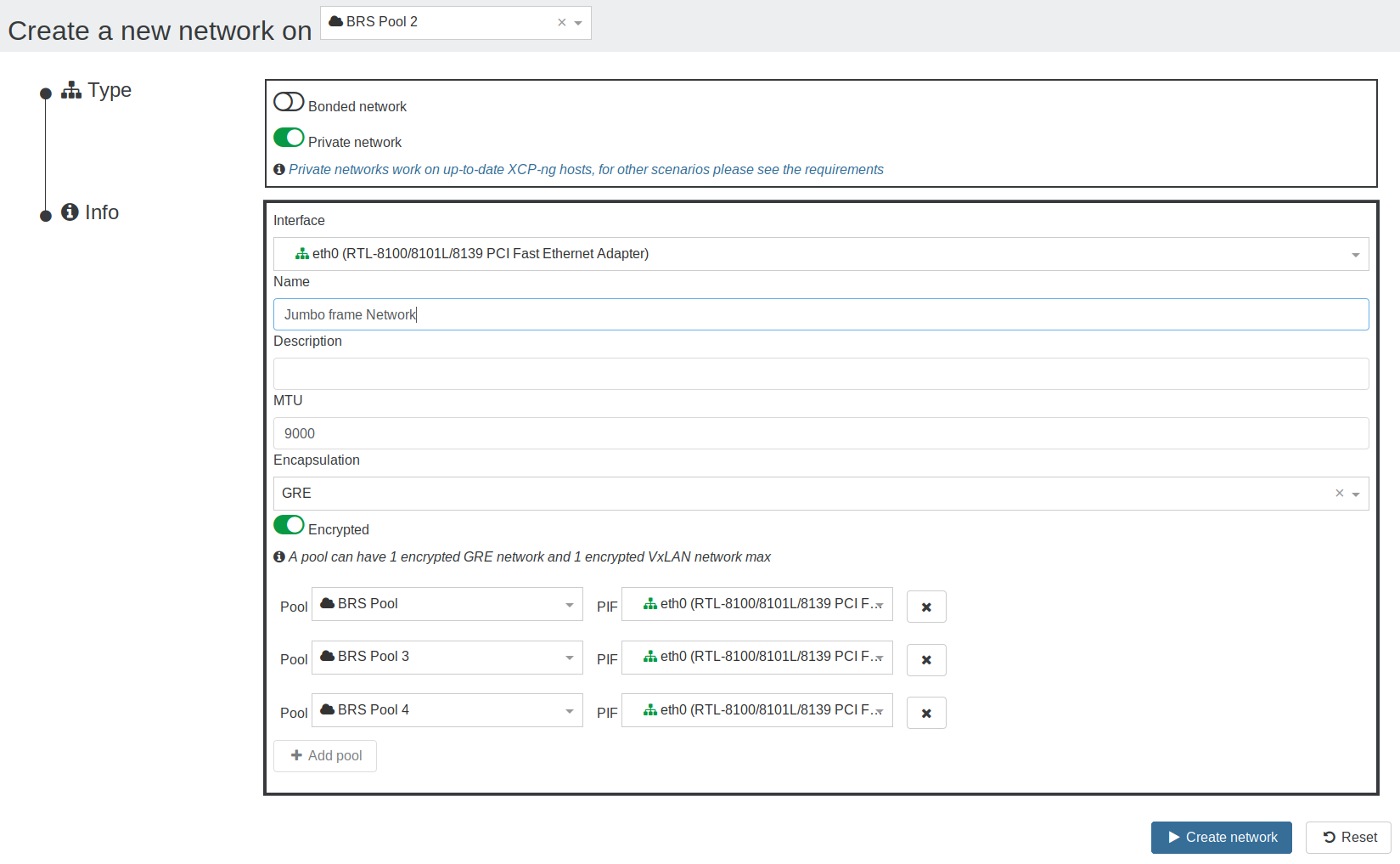 Creating a private network: interface, encapsulation, encryption, and the pools to join