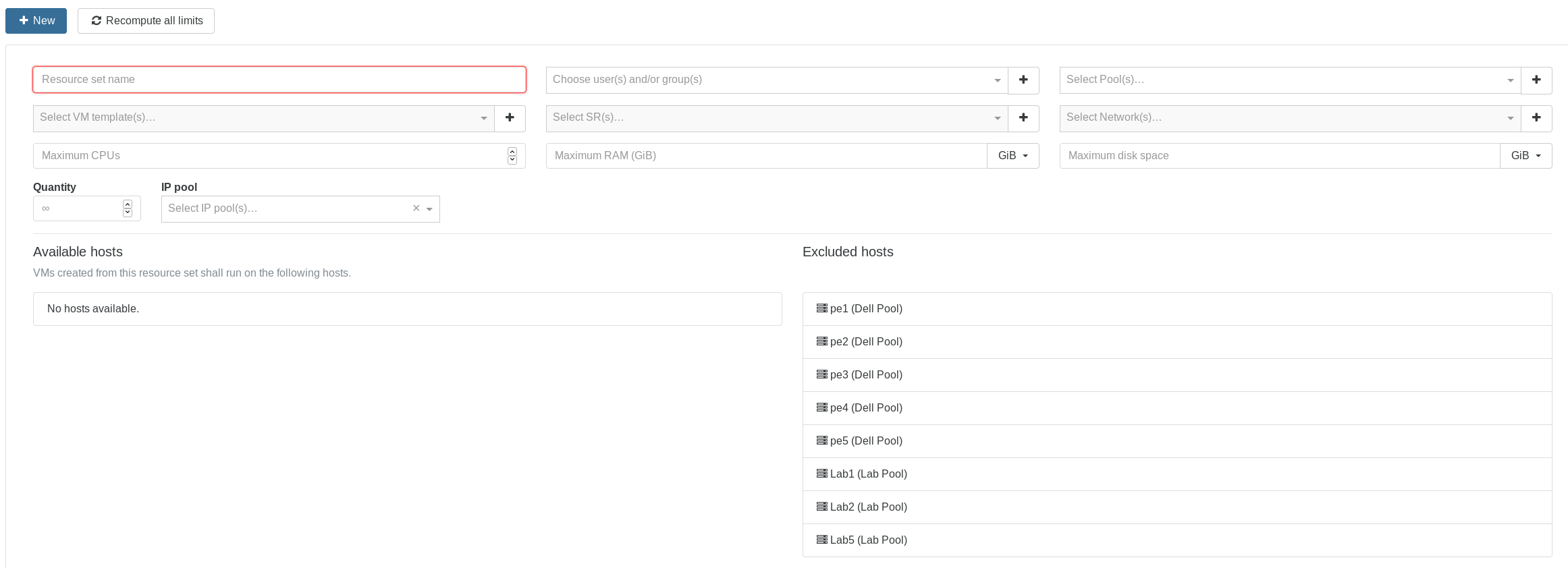 The resource set creation form: name, subjects, pools, templates, SRs, networks and limits, with the eligible hosts below