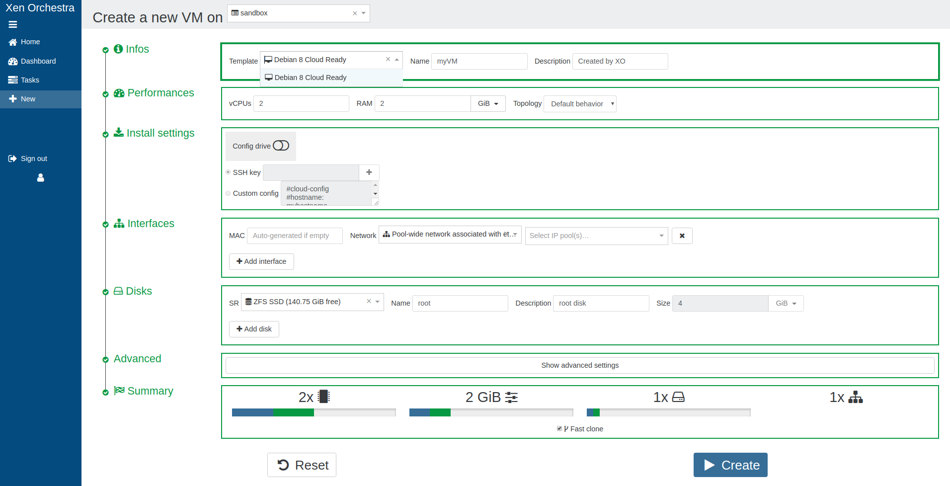 The VM creation page restricted to the sandbox resource set: only the delegated template, SR and network are selectable