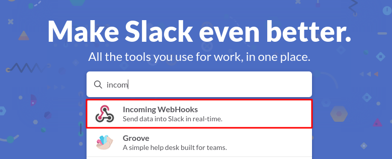 The Incoming WebHooks app in the Slack app directory search results