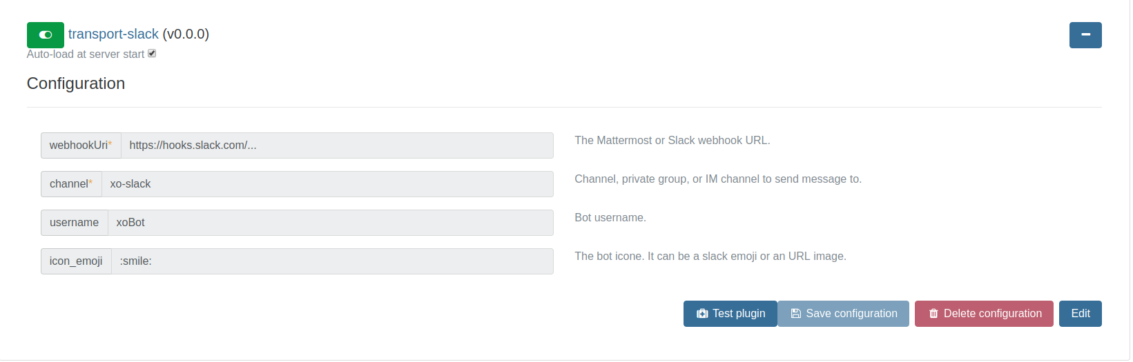The transport-slack plugin configuration filled with a Slack webhook URL and channel