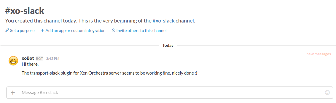 The test message posted by the Xen Orchestra bot in a Slack channel