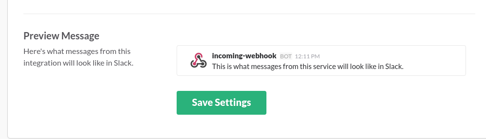 The webhook integration settings with the generated webhook URL