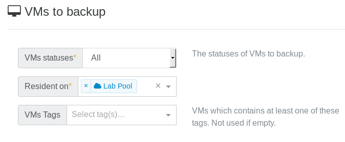 Smart mode in a backup job: VMs statuses set to All and Resident on set to Lab Pool