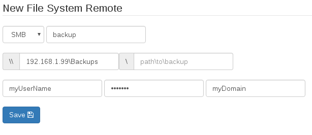 New file system remote form for SMB: host and share on the first field, the optional path field left empty, then username, password and domain