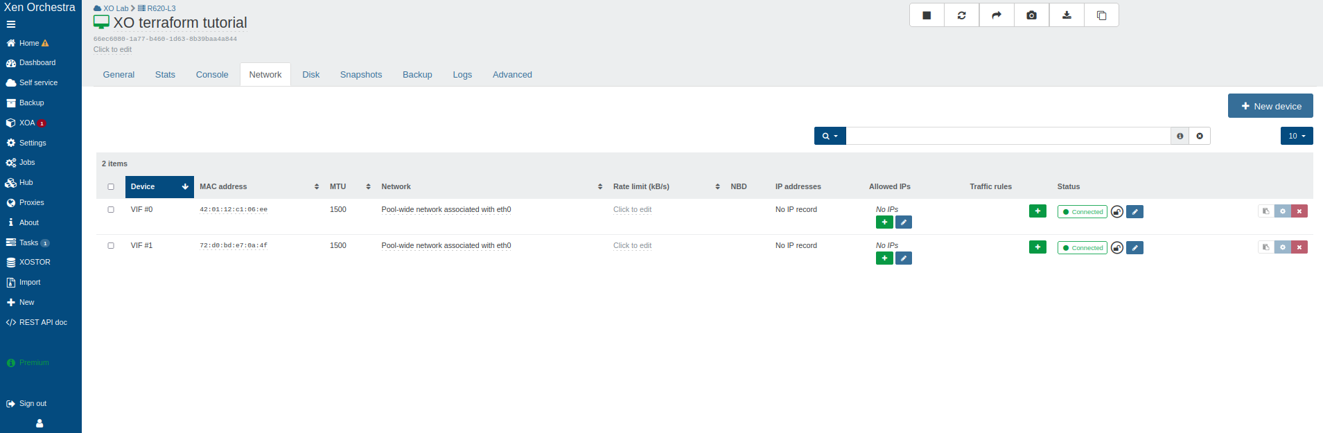 After terraform apply: a second VIF appeared on the VM