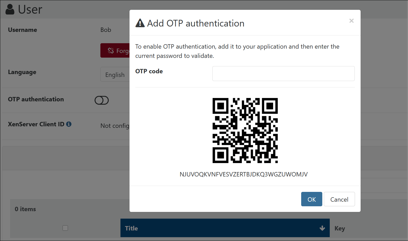 The QR code modal shown when enabling TOTP on a user account
