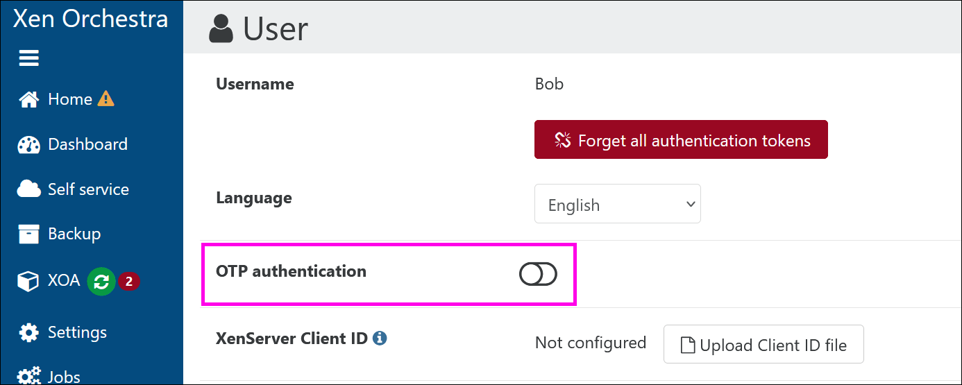 The user profile page, with the OTP authentication toggle at the top