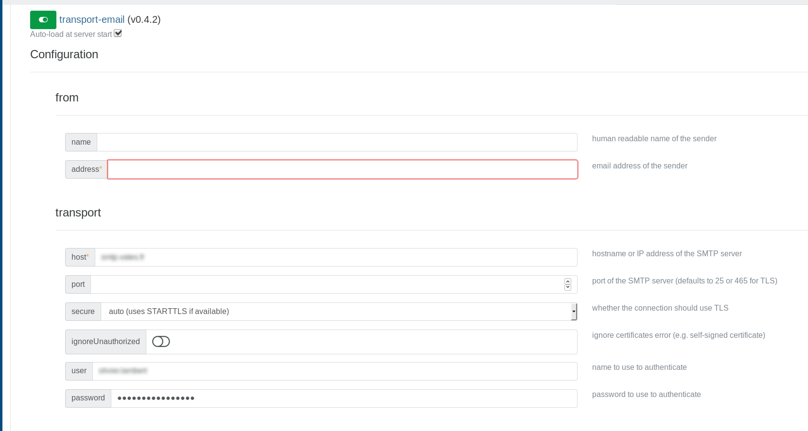The transport-email plugin configuration form with the sender and SMTP transport fields