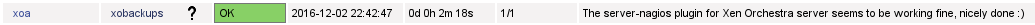 A Nagios service row showing the transport-nagios test message, the plugin works fine