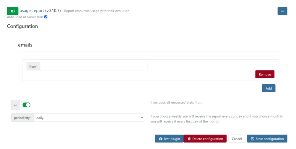 A usage report generated by the plugin