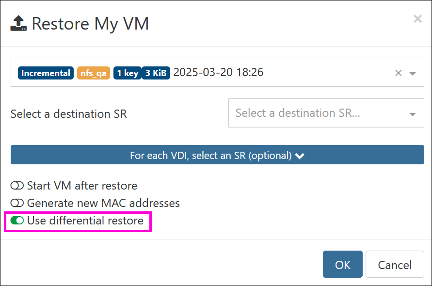 The Restore VM modal with the Use differential restore switch enabled