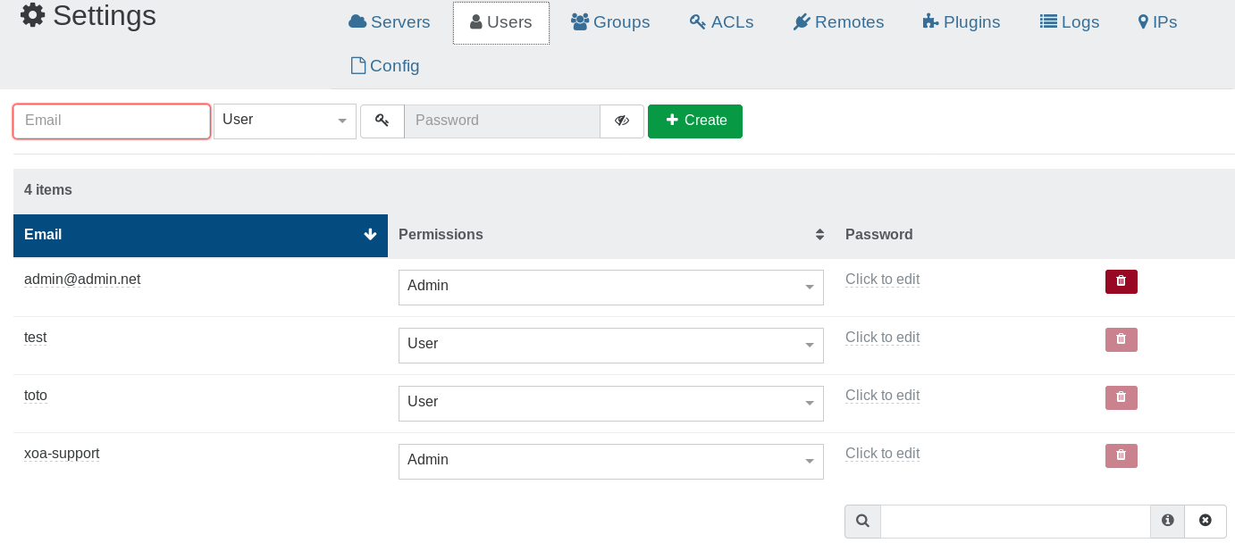 The Users settings view, with the creation form on top and the list of existing accounts below