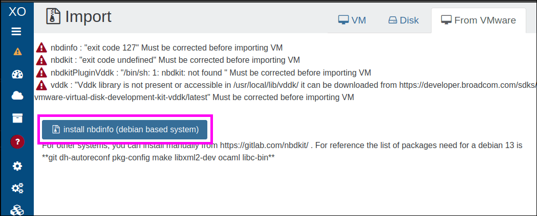 The install nbdinfo (debian based system) button on the From VMware import page