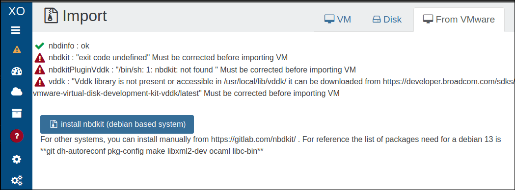 The import page after a completed nbdinfo installation, with the final status and warnings