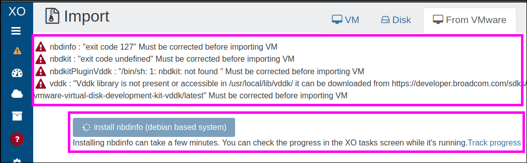 The import page while the nbdinfo installation task is running, with warnings shown in real time