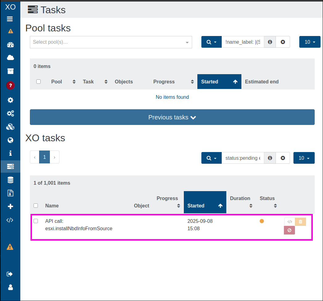 The Tasks screen showing the running nbdinfo install task with its status indicator