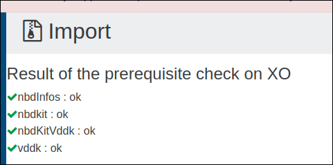 The prerequisite check on the import page, listing nbdkit, the VDDK plugin and nbdinfo with their status