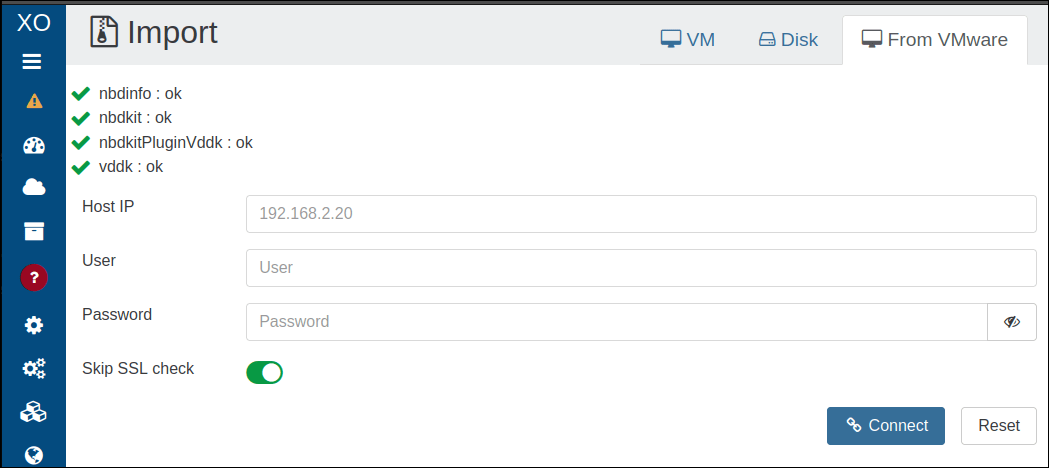 The transfer form used to connect to VMware and import a VM into Xen Orchestra