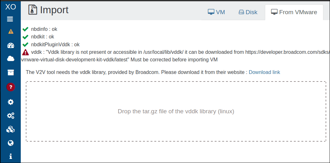 The import page with the drop zone used to upload the VDDK tar.gz archive