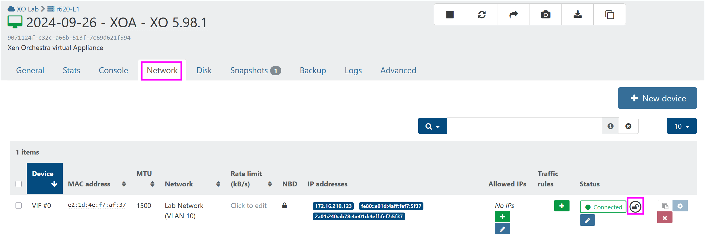 The VIF locking status in the VM Network tab