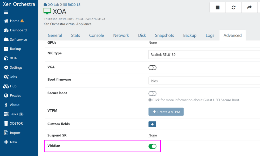 The Viridian toggle, in the Xen settings of the VM Advanced tab