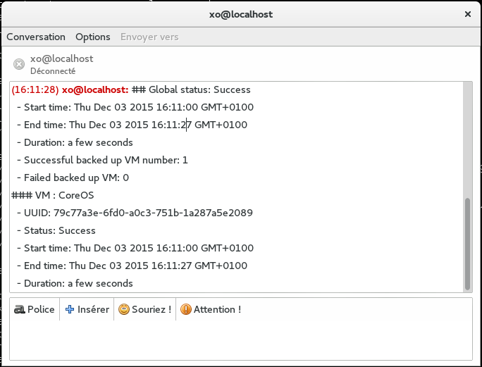 A backup report recap received as an XMPP message