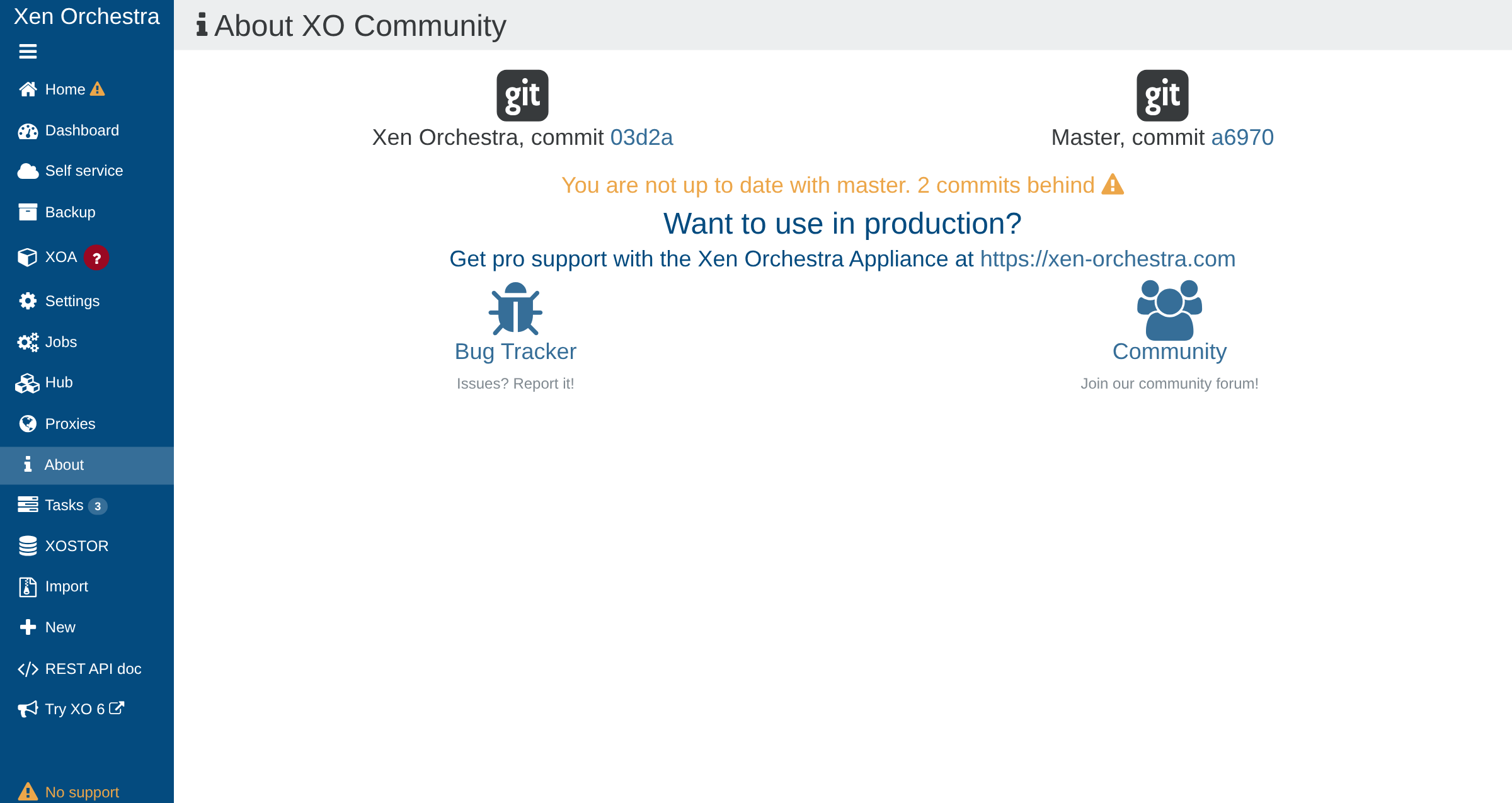 The About view of a sources install: your commit, the current master commit, and a warning when you are behind