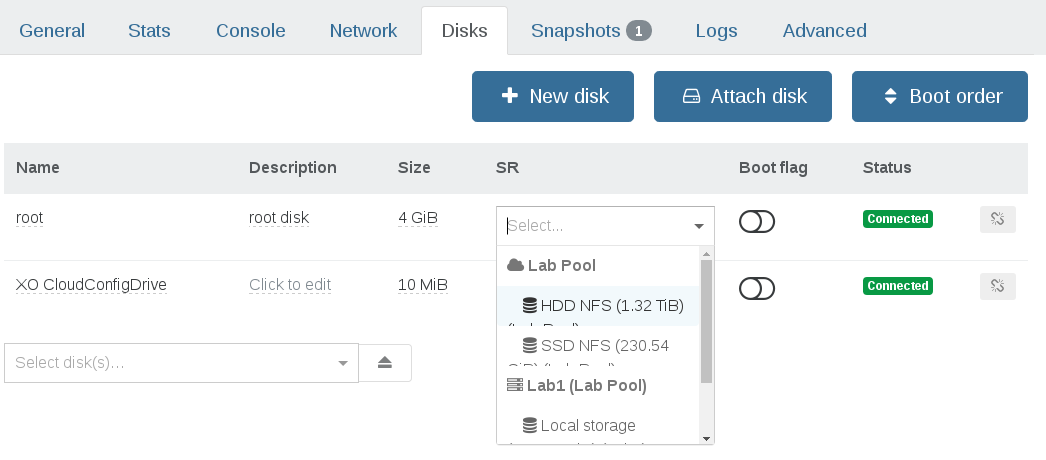 Migrate a disk to another SR, live, from the VM Disks tab