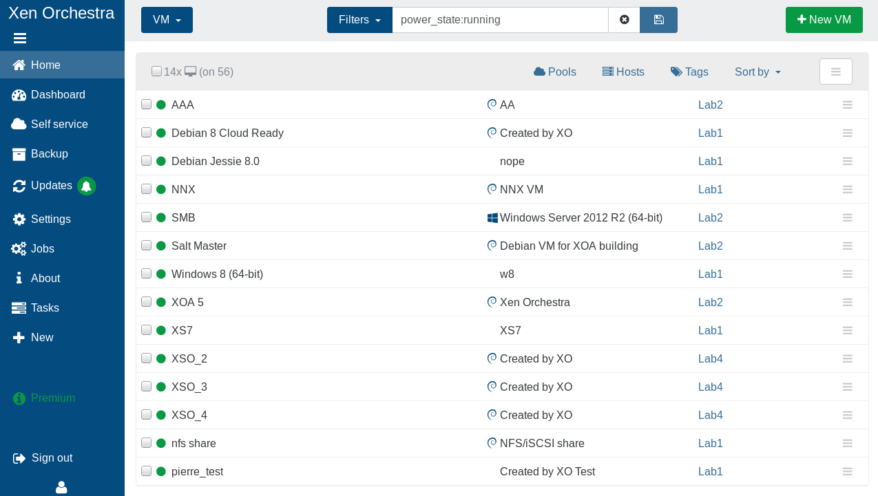The Home view lists every VM across all your connected pools