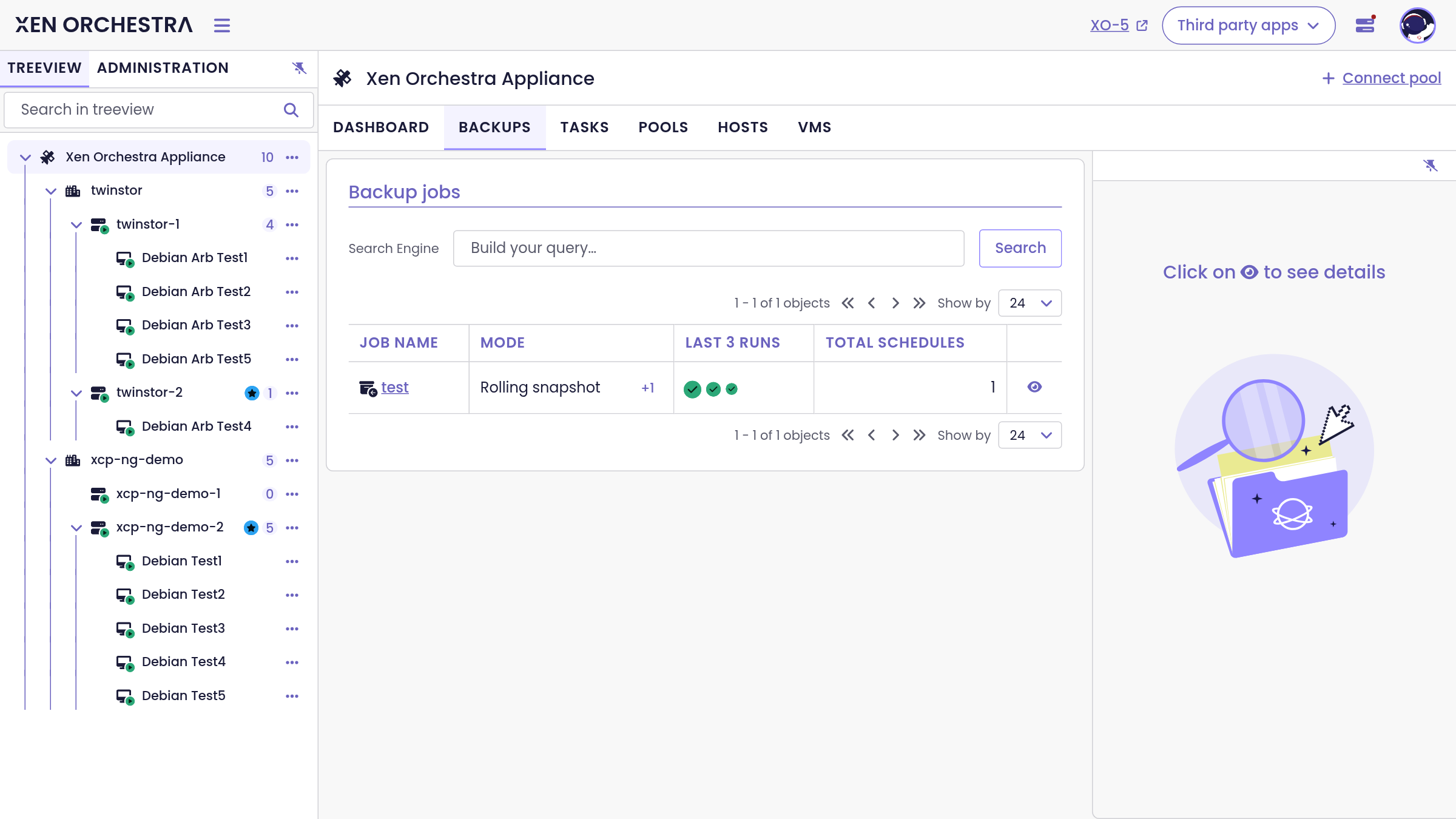 The backup jobs list