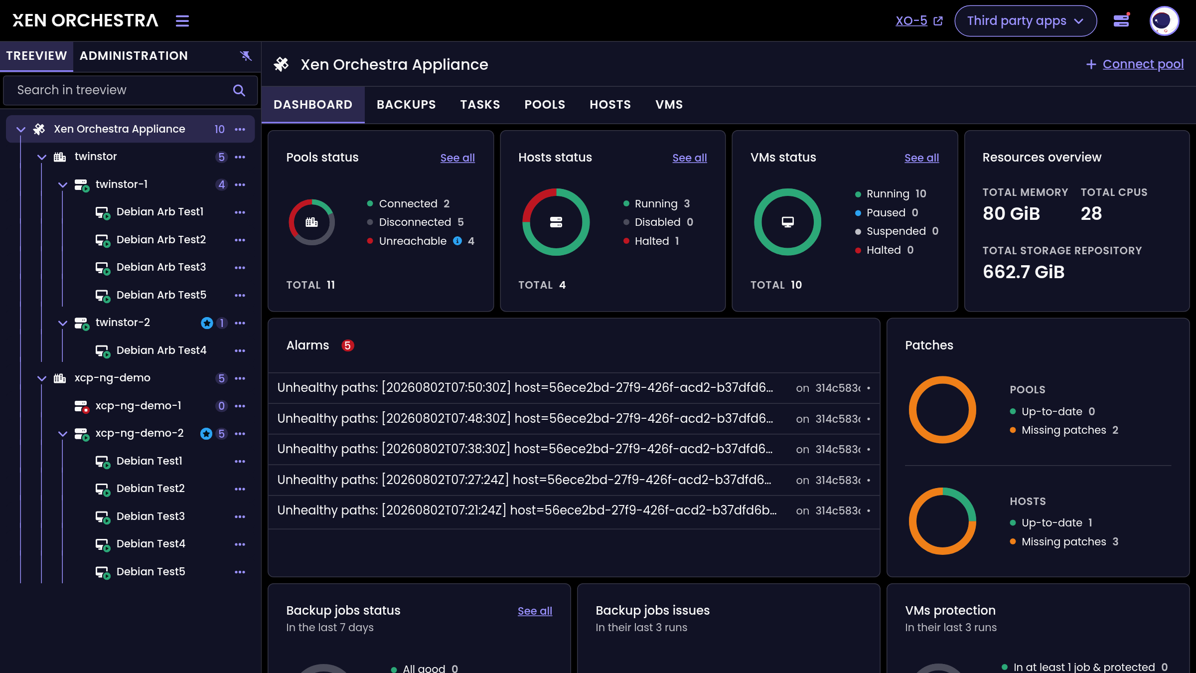 Xen Orchestra dashboard