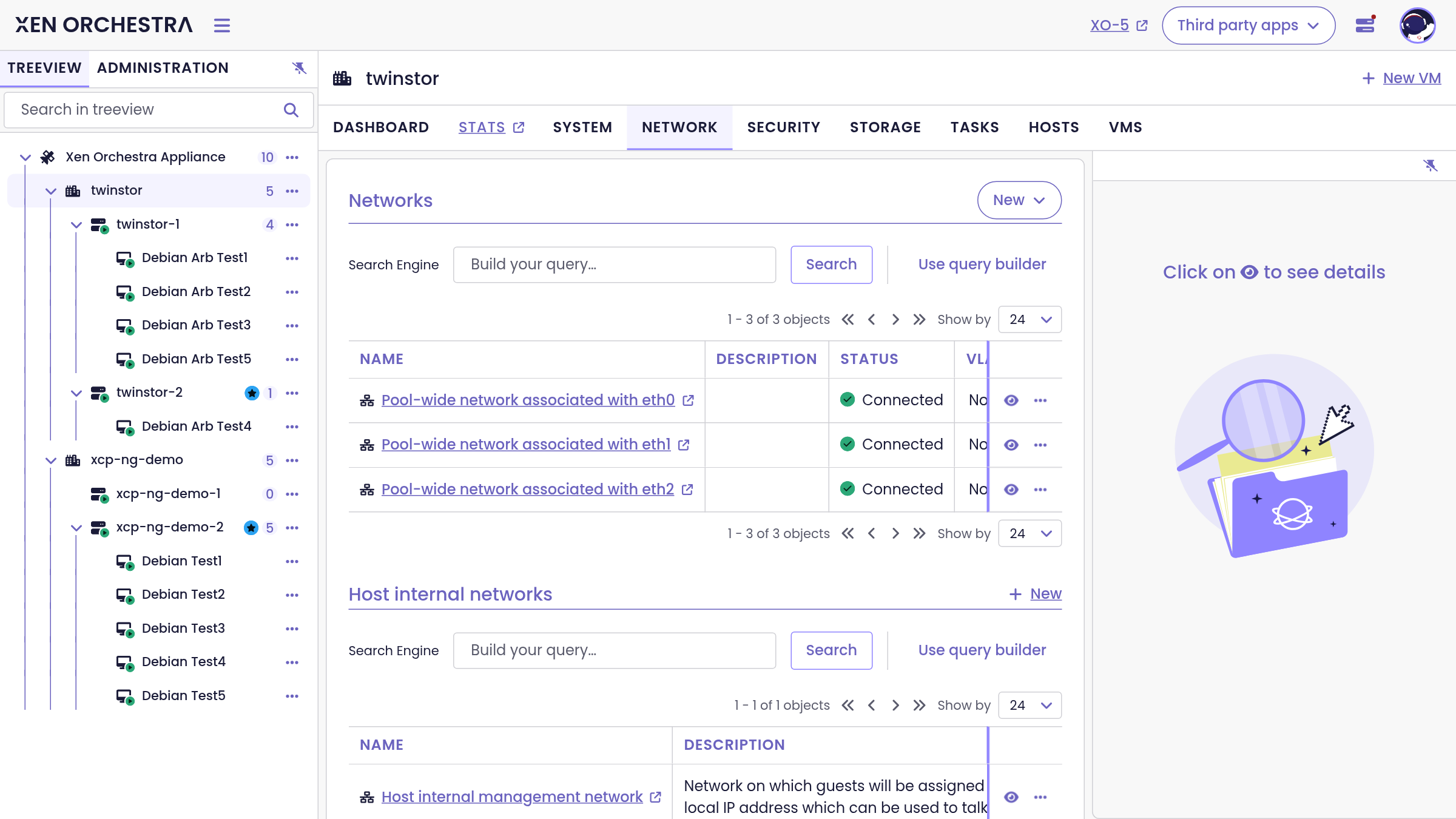 Networks of a pool, with the query builder and the side panel