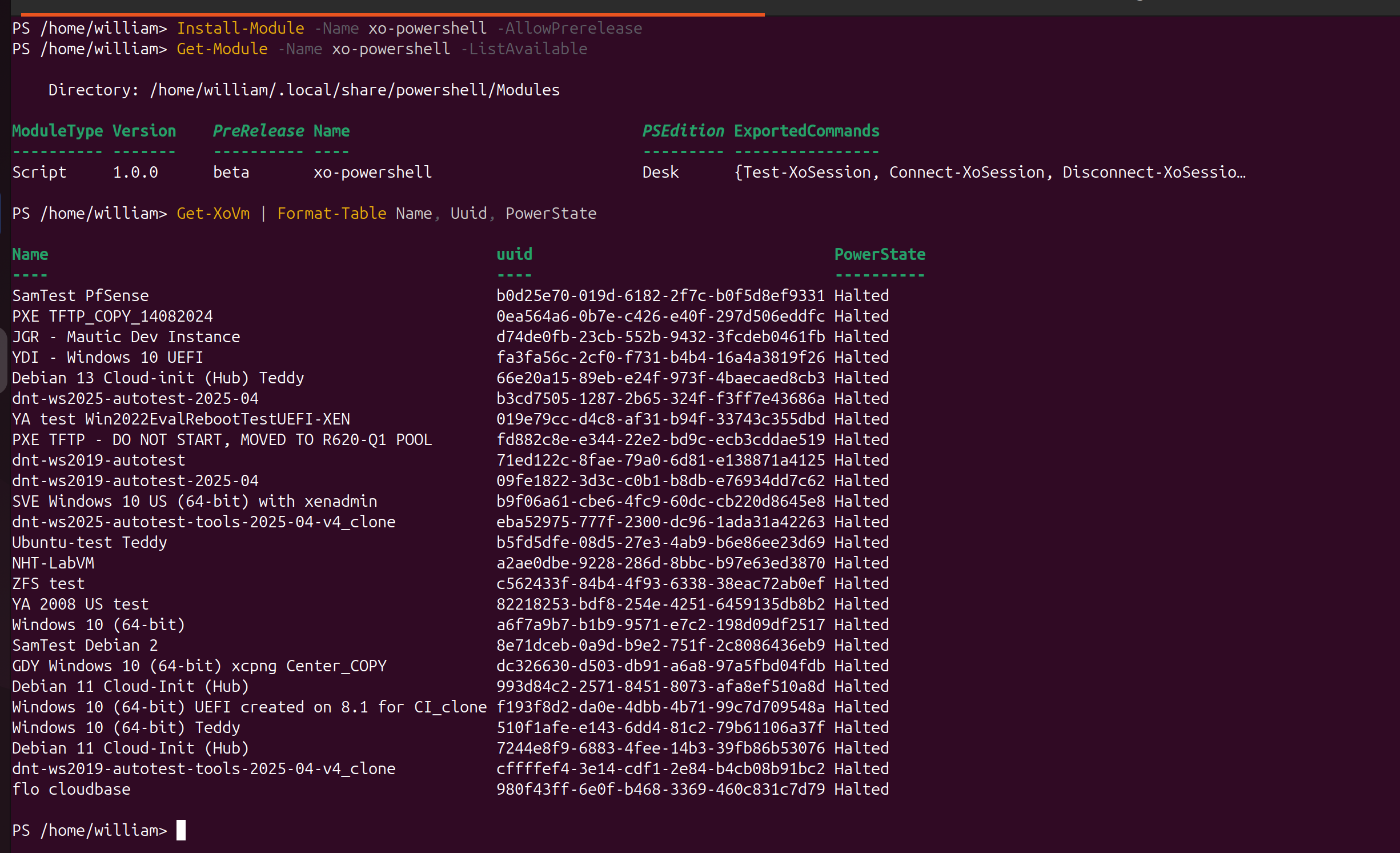 Installing the module, then listing VMs with Get-XoVm | Format-Table