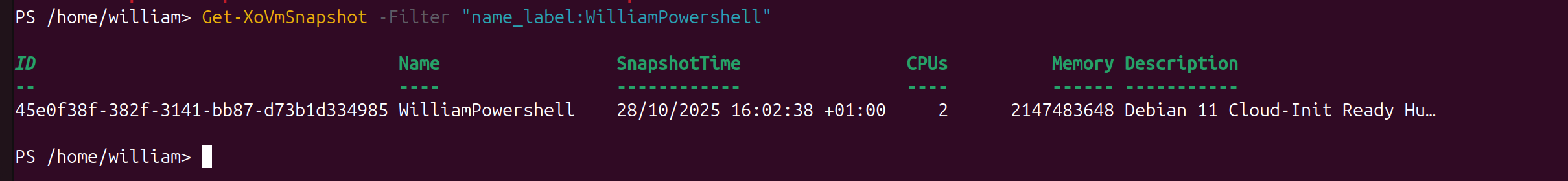 Get-XoVmSnapshot confirms the snapshot exists