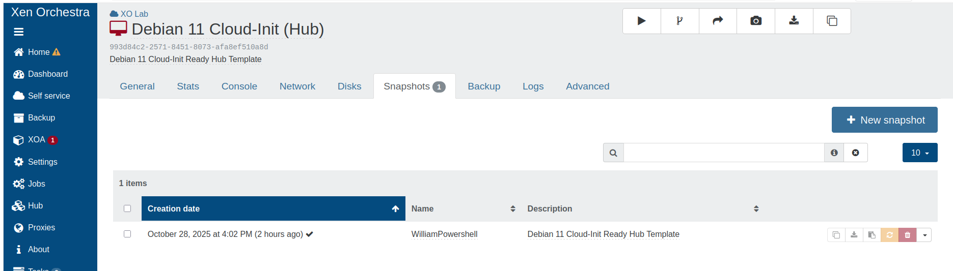 The snapshot created from PowerShell, visible in the VM's Snapshots tab